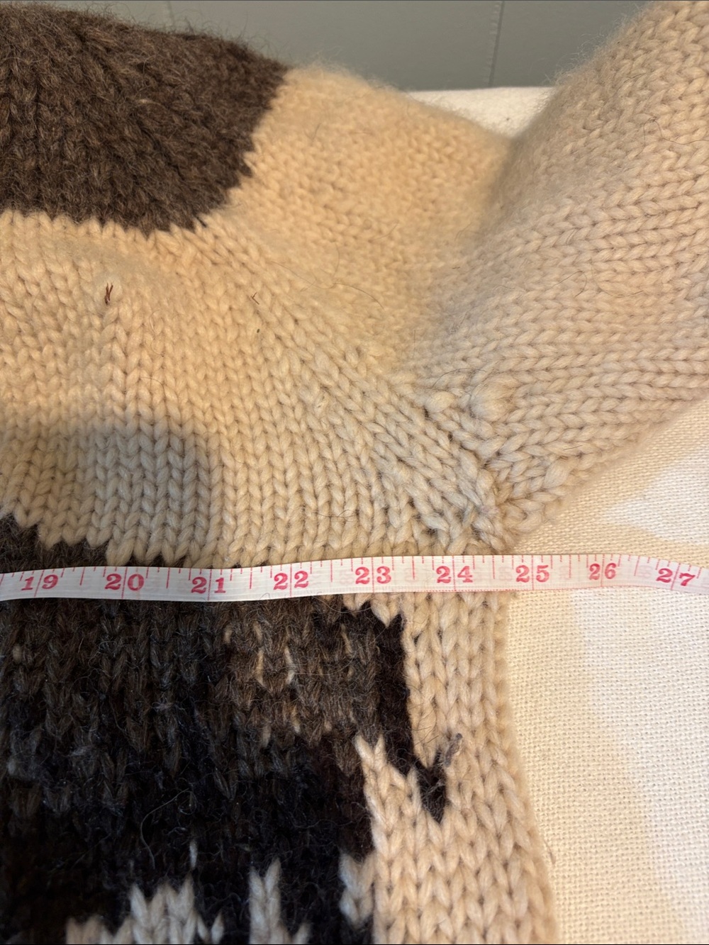Hand Knit Buffalo Wool Zip-Up Cardigan Sweater Cream Brown Western Cabin Cozy - Picture 5 of 6